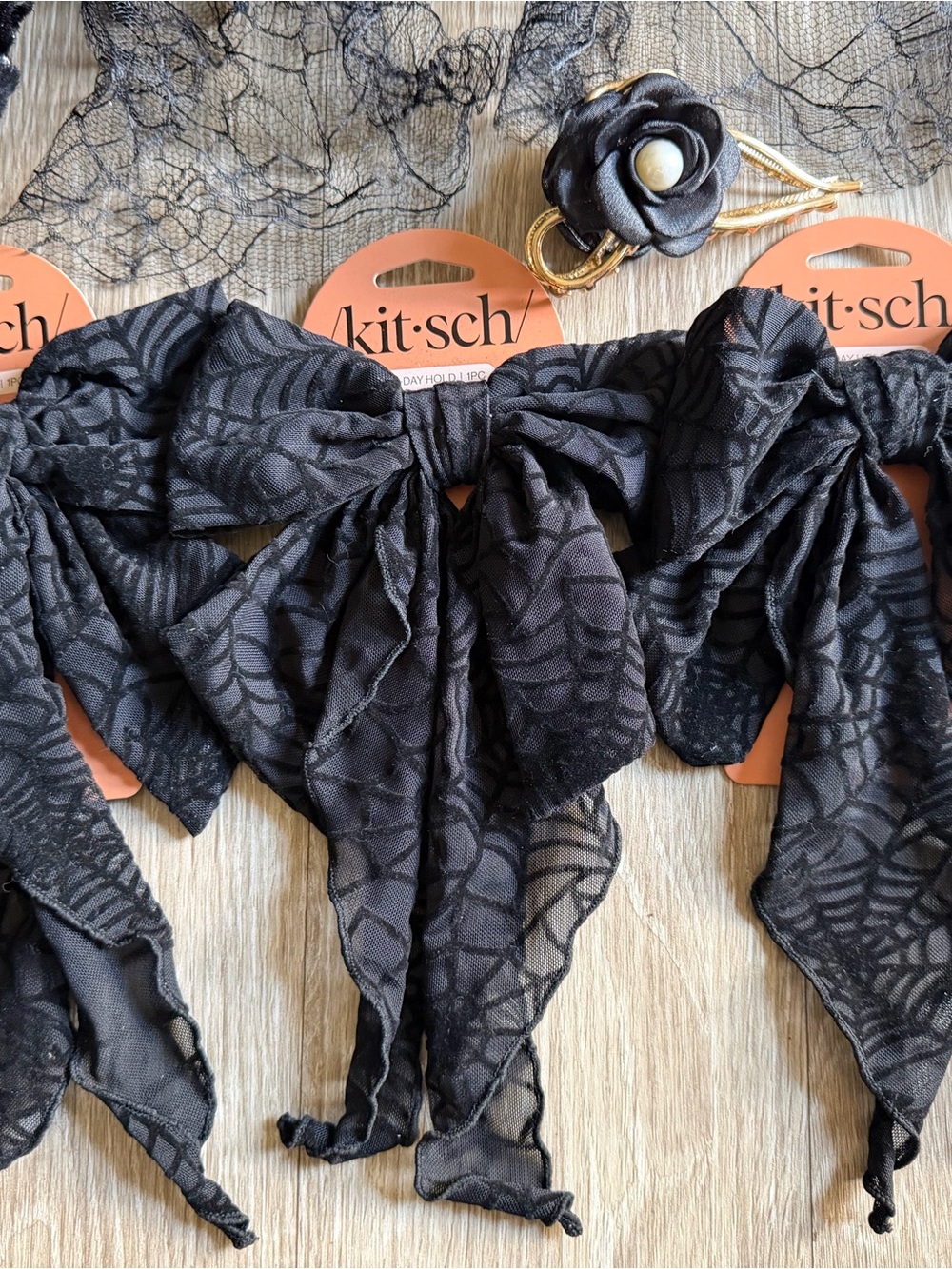 Kitsch Black Sheer Floral Bow Hair Scarf